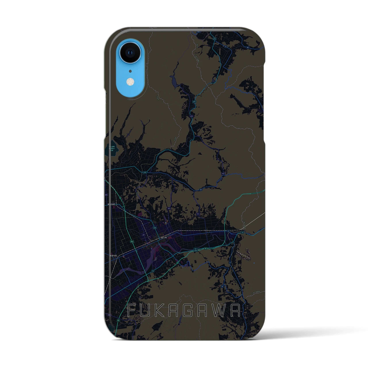 【深川（北海道）】地図柄iPhoneケース（バックカバータイプ・ブラック）iPhone XR 用