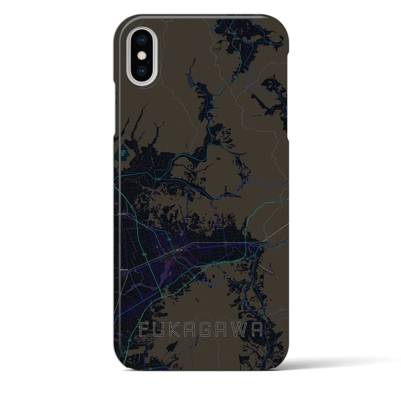 【深川（北海道）】地図柄iPhoneケース（バックカバータイプ・ブラック）iPhone XS Max 用