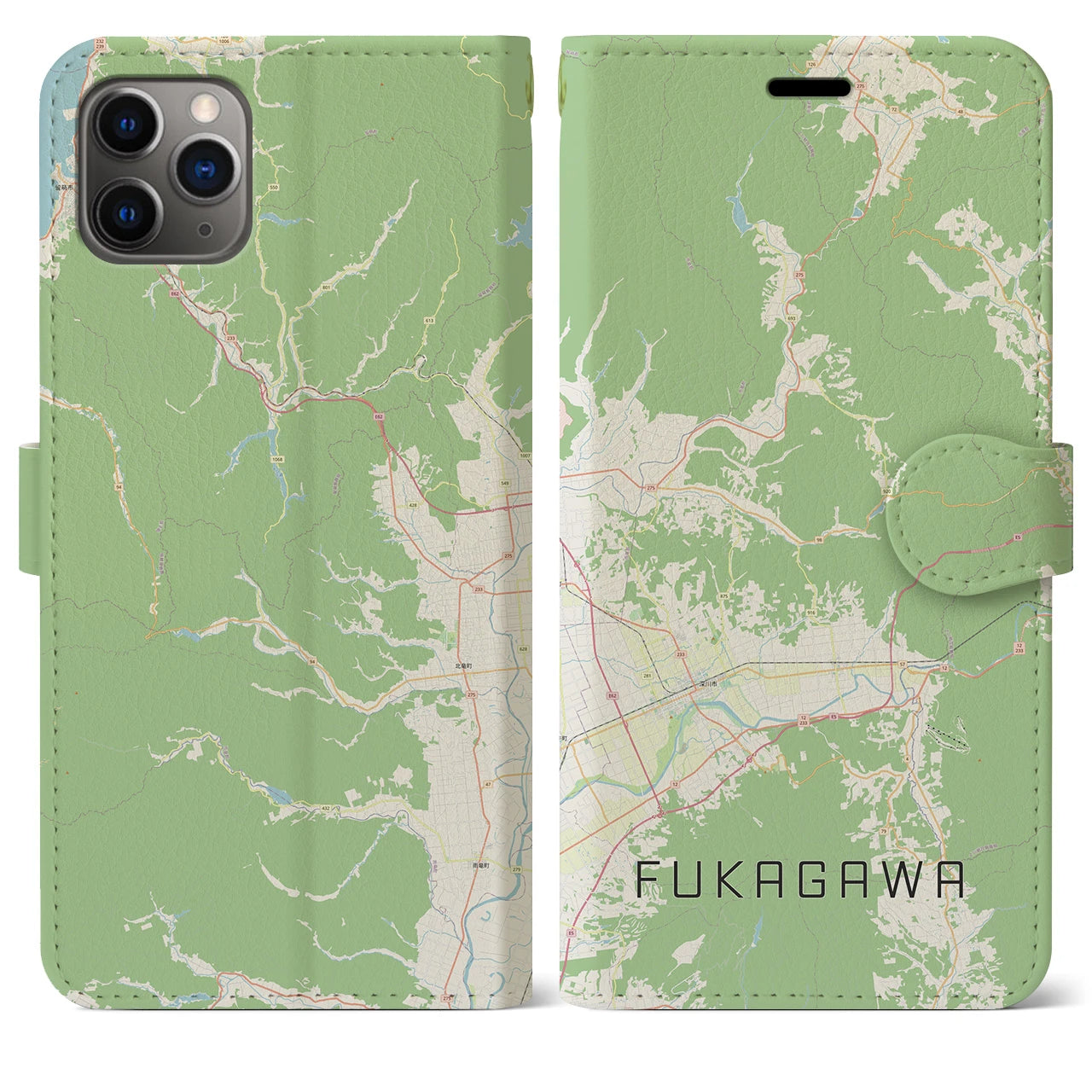 【深川（北海道）】地図柄iPhoneケース（手帳両面タイプ・ナチュラル）iPhone 11 Pro Max 用