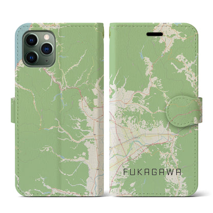 【深川（北海道）】地図柄iPhoneケース（手帳タイプ）ナチュラル・iPhone 11 Pro 用