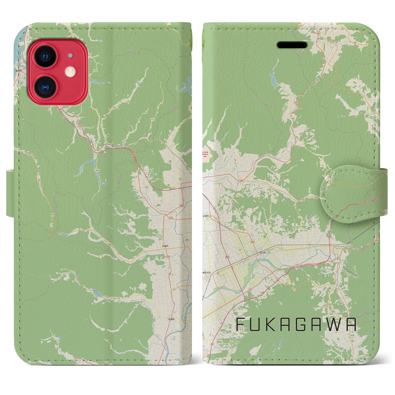 【深川（北海道）】地図柄iPhoneケース（手帳両面タイプ・ナチュラル）iPhone 11 用