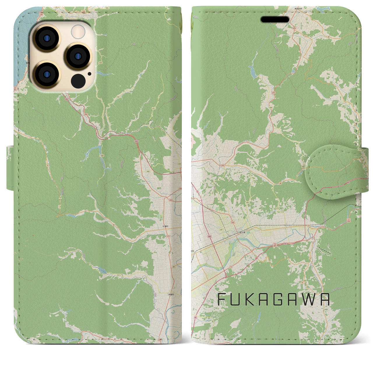 【深川（北海道）】地図柄iPhoneケース（手帳両面タイプ・ナチュラル）iPhone 12 Pro Max 用