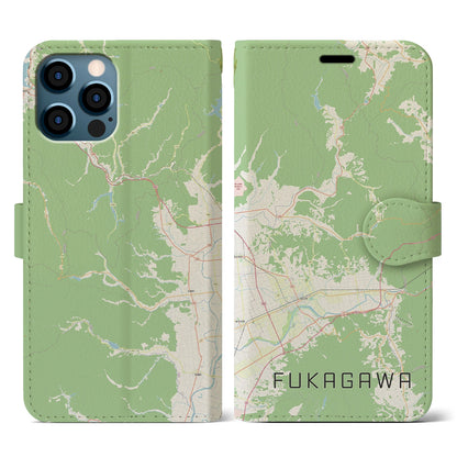 【深川（北海道）】地図柄iPhoneケース（手帳タイプ）ナチュラル・iPhone 12 / 12 Pro 用