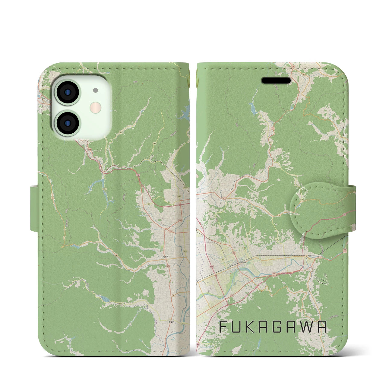 【深川（北海道）】地図柄iPhoneケース（手帳両面タイプ・ナチュラル）iPhone 12 mini 用