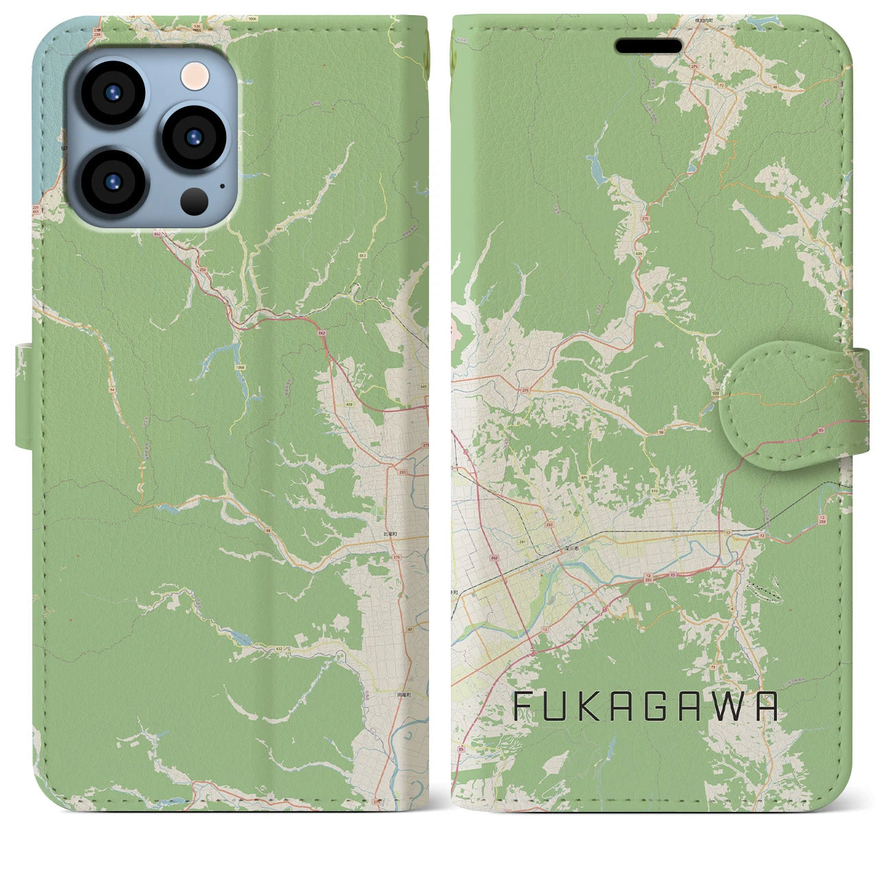 【深川（北海道）】地図柄iPhoneケース（手帳両面タイプ・ナチュラル）iPhone 13 Pro Max 用
