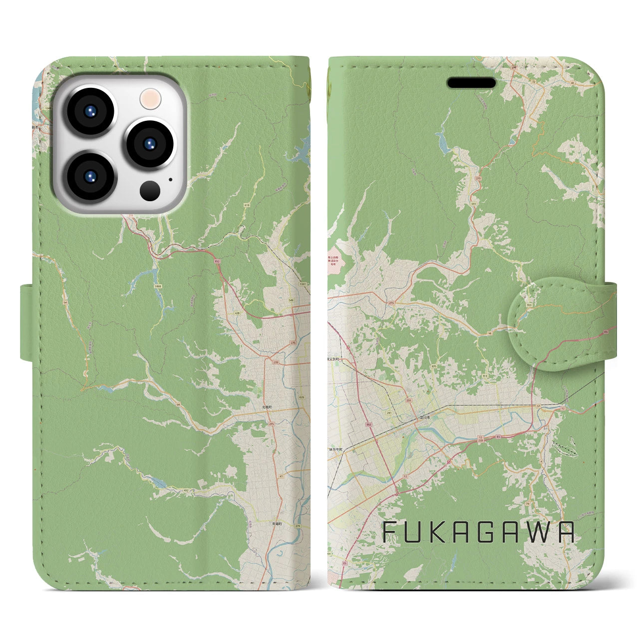 【深川（北海道）】地図柄iPhoneケース（手帳両面タイプ・ナチュラル）iPhone 13 Pro 用