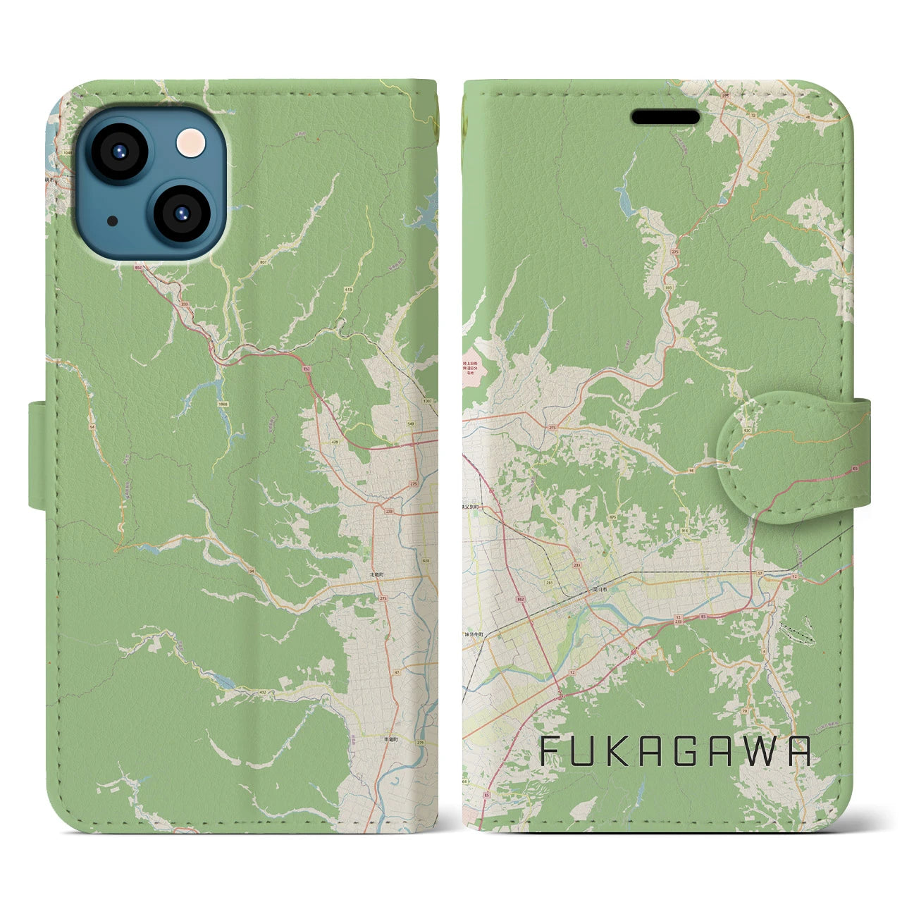 【深川（北海道）】地図柄iPhoneケース（手帳両面タイプ・ナチュラル）iPhone 13 用