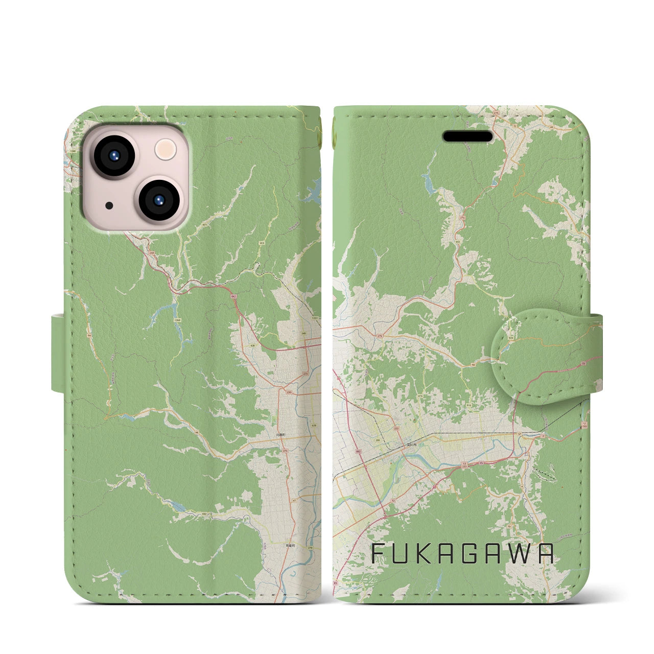 【深川（北海道）】地図柄iPhoneケース（手帳両面タイプ・ナチュラル）iPhone 13 mini 用