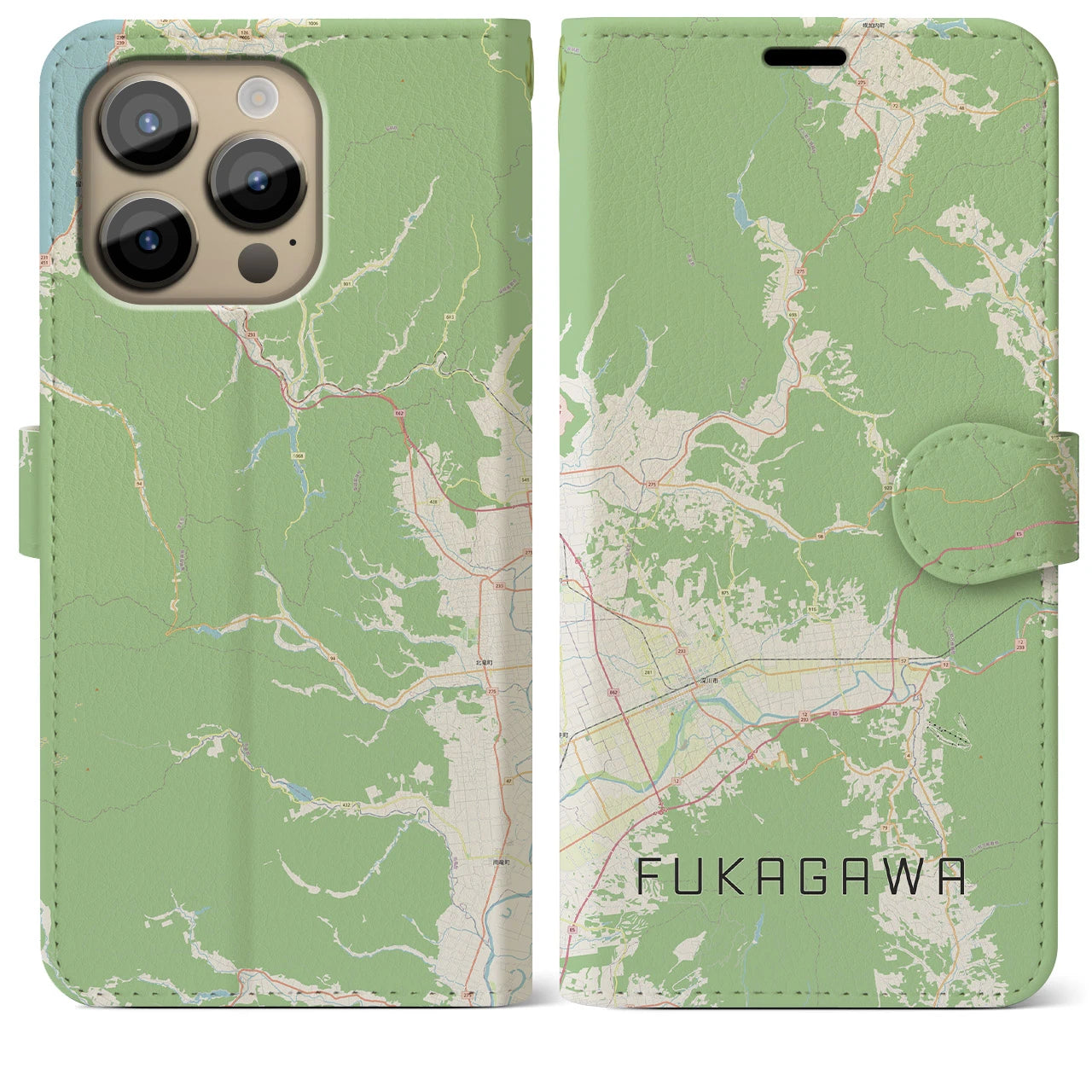 【深川（北海道）】地図柄iPhoneケース（手帳両面タイプ・ナチュラル）iPhone 14 Pro Max 用