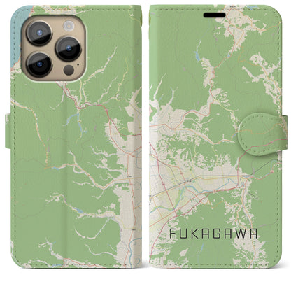 【深川（北海道）】地図柄iPhoneケース（手帳タイプ）ナチュラル・iPhone 14 Pro Max 用