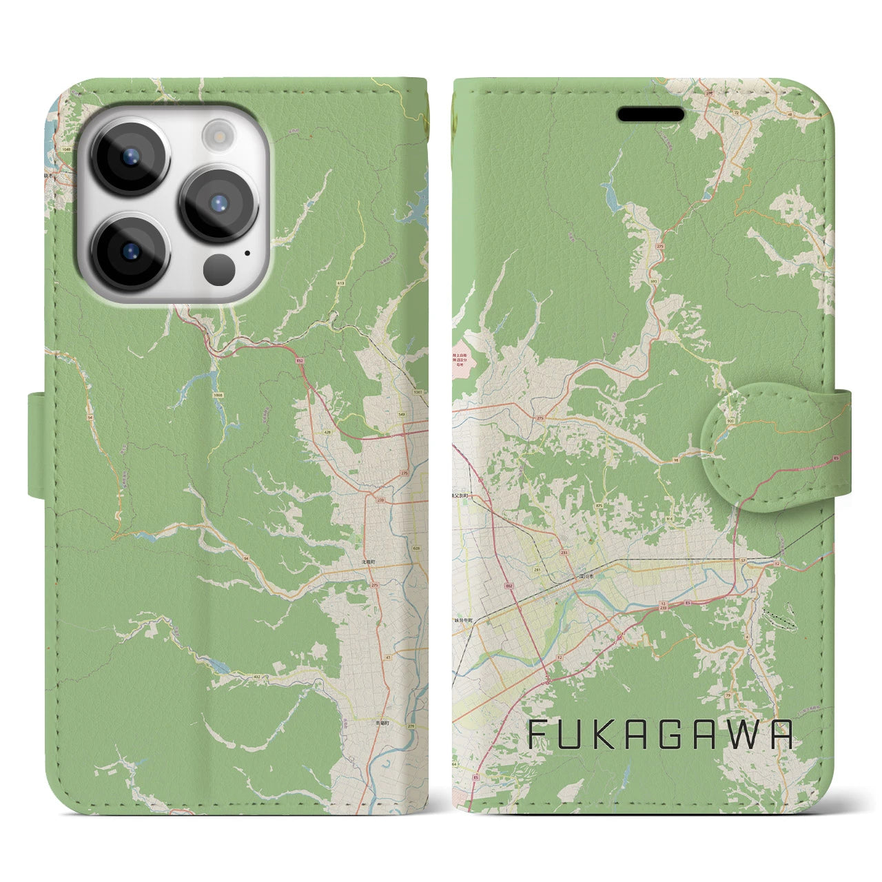 【深川（北海道）】地図柄iPhoneケース（手帳両面タイプ・ナチュラル）iPhone 14 Pro 用