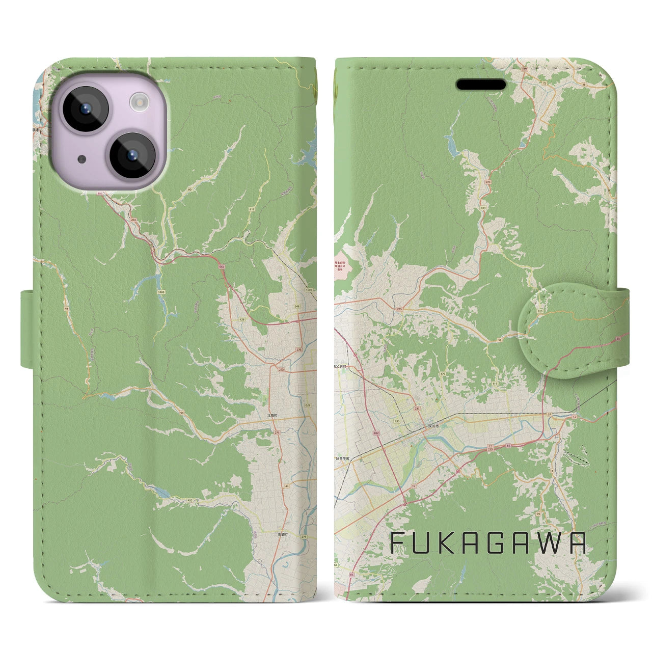 【深川（北海道）】地図柄iPhoneケース（手帳両面タイプ・ナチュラル）iPhone 14 用