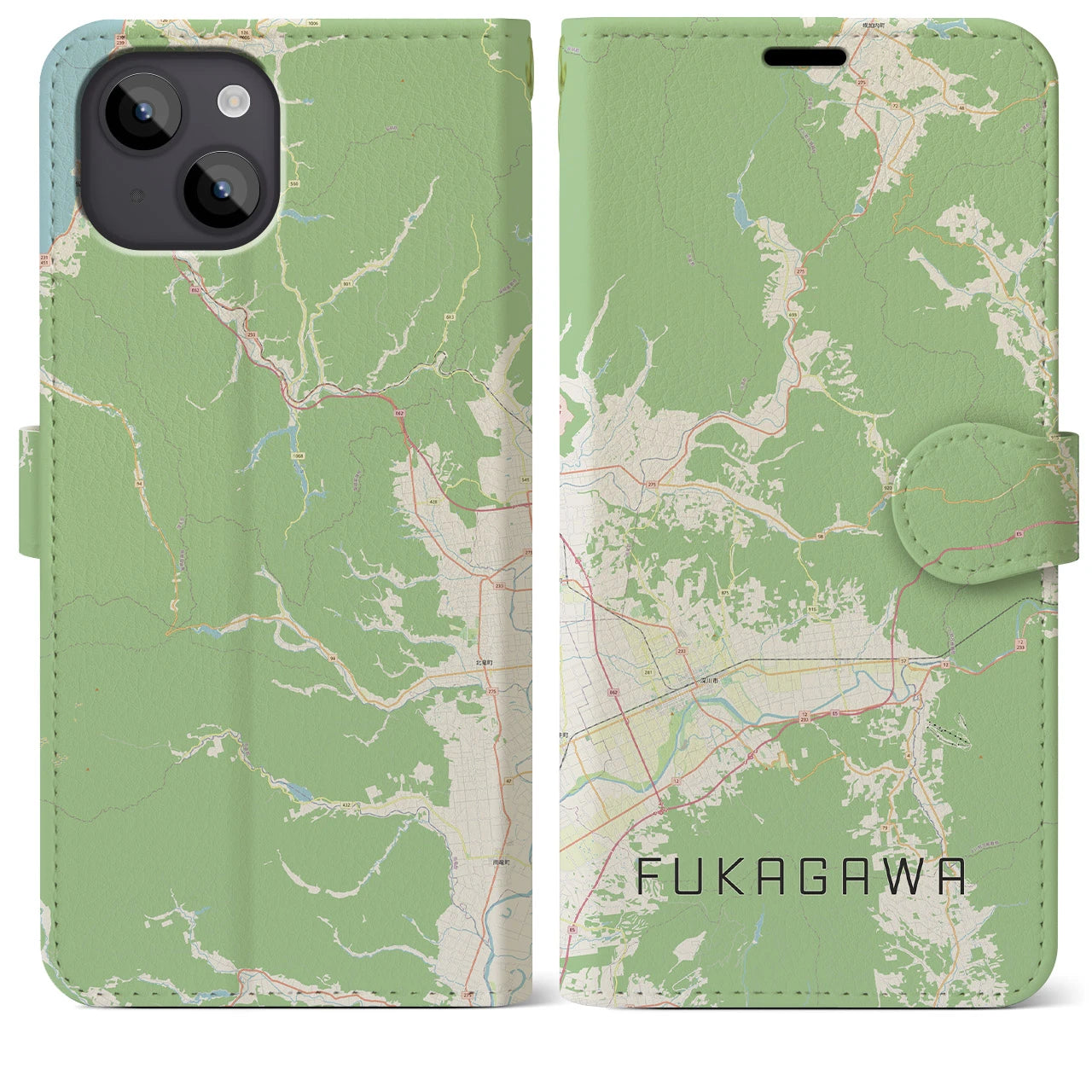 【深川（北海道）】地図柄iPhoneケース（手帳両面タイプ・ナチュラル）iPhone 14 Plus 用
