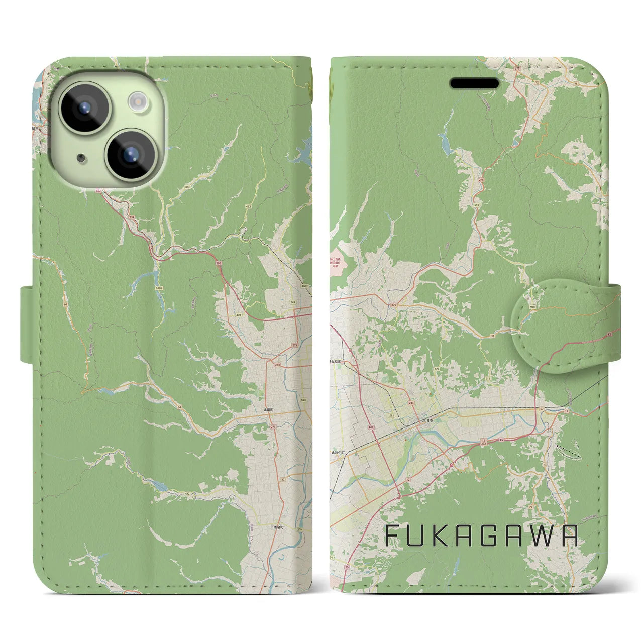 【深川（北海道）】地図柄iPhoneケース（手帳両面タイプ・ナチュラル）iPhone 15 用