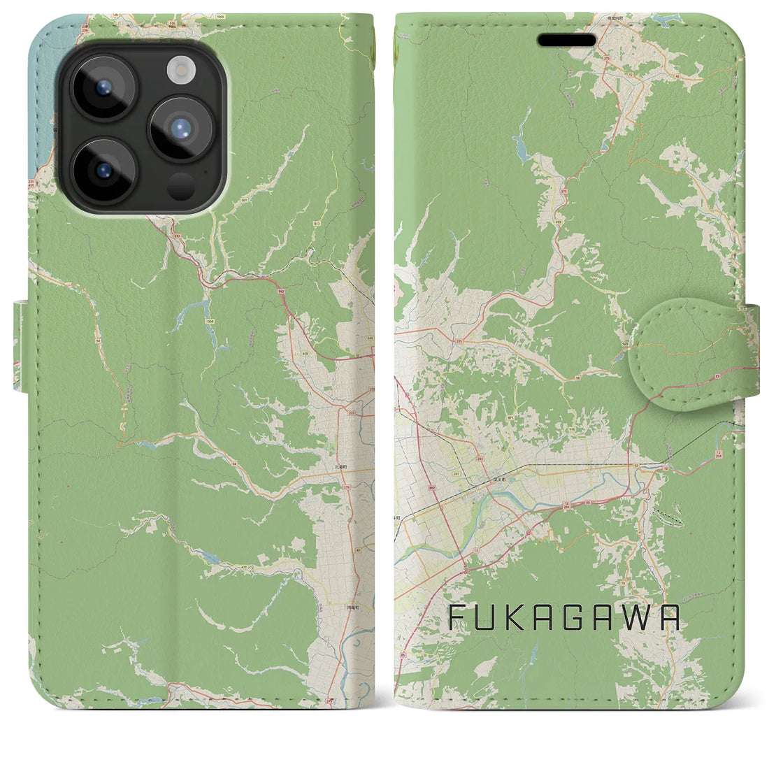 【深川（北海道）】地図柄iPhoneケース（手帳両面タイプ・ナチュラル）iPhone 15 Pro Max 用