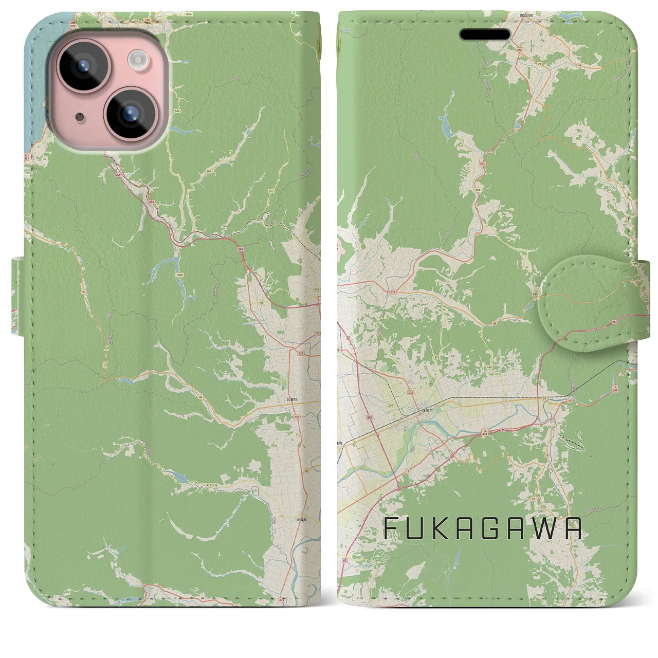 【深川（北海道）】地図柄iPhoneケース（手帳両面タイプ・ナチュラル）iPhone 15 Plus 用