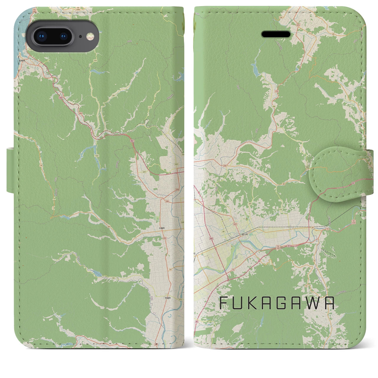 【深川（北海道）】地図柄iPhoneケース（手帳両面タイプ・ナチュラル）iPhone 8Plus /7Plus / 6sPlus / 6Plus 用