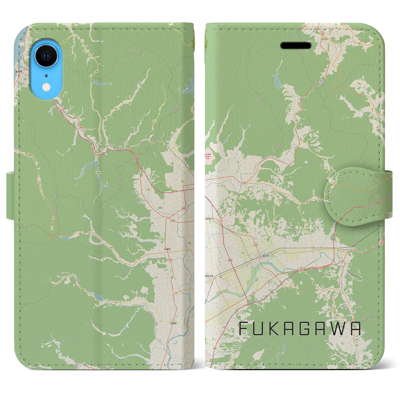 【深川（北海道）】地図柄iPhoneケース（手帳両面タイプ・ナチュラル）iPhone XR 用
