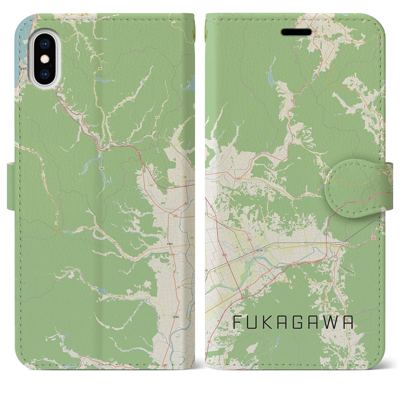 【深川（北海道）】地図柄iPhoneケース（手帳両面タイプ・ナチュラル）iPhone XS Max 用