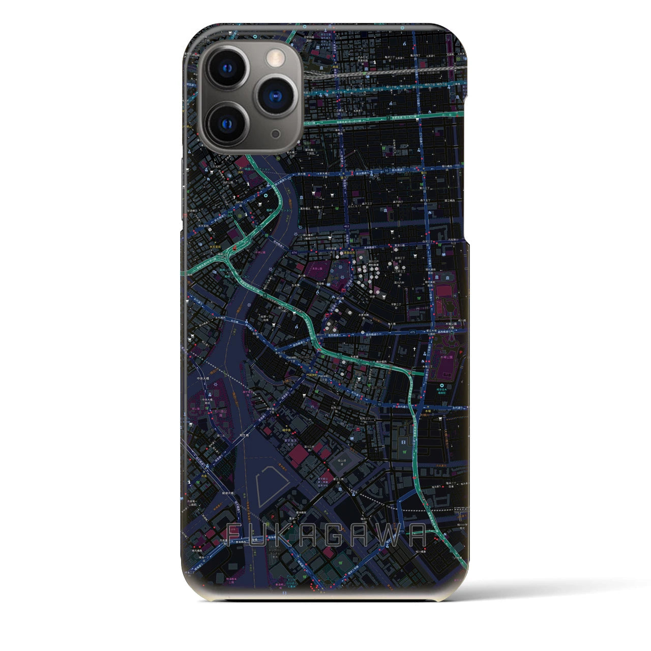 【深川2】地図柄iPhoneケース（バックカバータイプ・ブラック）iPhone 11 Pro Max 用