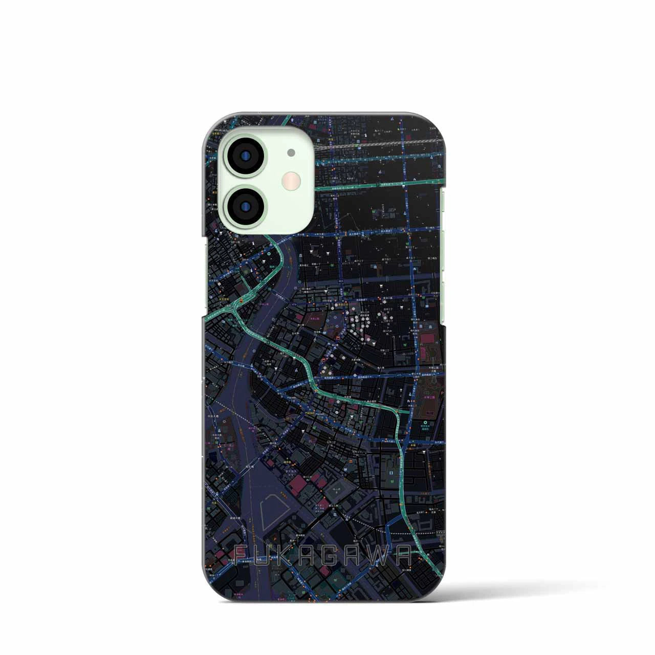 【深川2】地図柄iPhoneケース（バックカバータイプ・ブラック）iPhone 12 mini 用