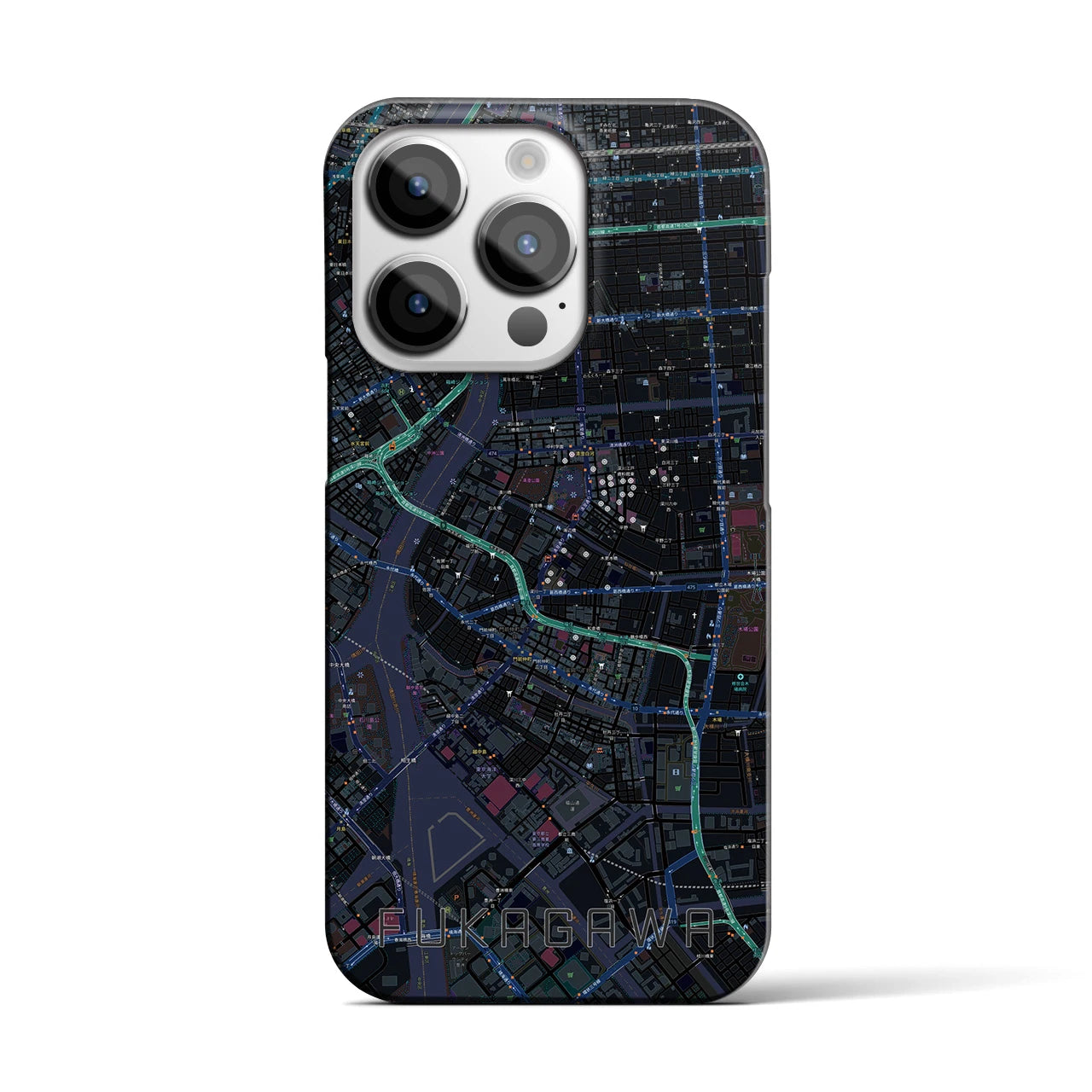 【深川2】地図柄iPhoneケース（バックカバータイプ・ブラック）iPhone 14 Pro 用