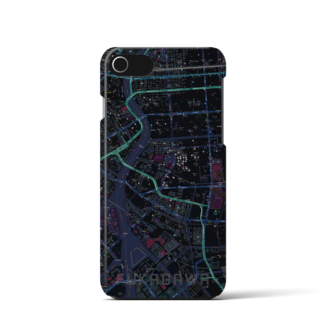 【深川2】地図柄iPhoneケース（バックカバータイプ・ブラック）iPhone SE（第3 / 第2世代） / 8 / 7 / 6s / 6 用