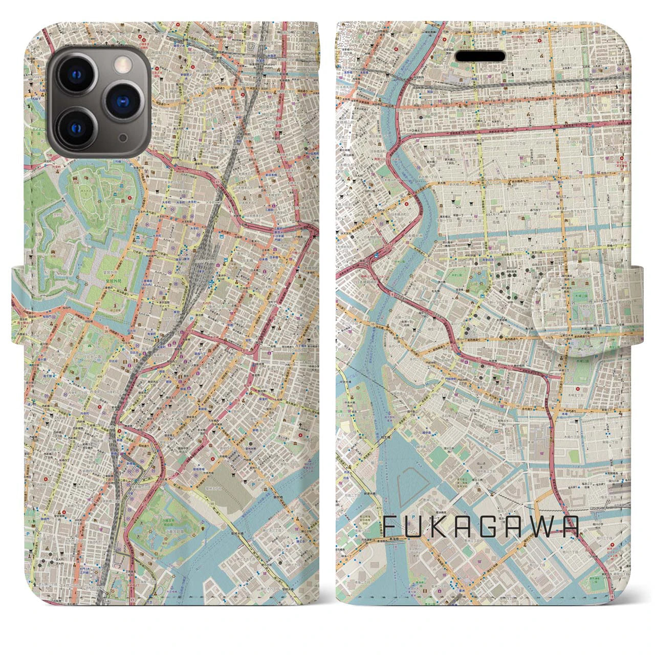 【深川2】地図柄iPhoneケース（手帳両面タイプ・ナチュラル）iPhone 11 Pro Max 用