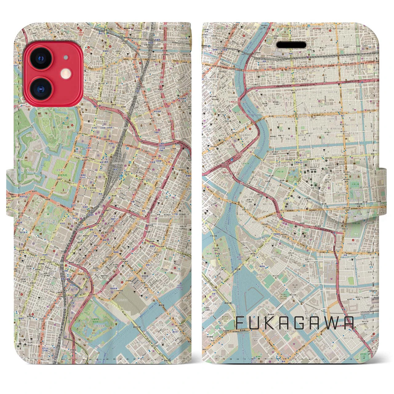 【深川2】地図柄iPhoneケース（手帳両面タイプ・ナチュラル）iPhone 11 用