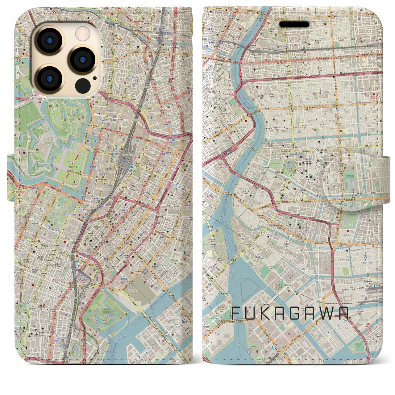 【深川2】地図柄iPhoneケース（手帳両面タイプ・ナチュラル）iPhone 12 Pro Max 用