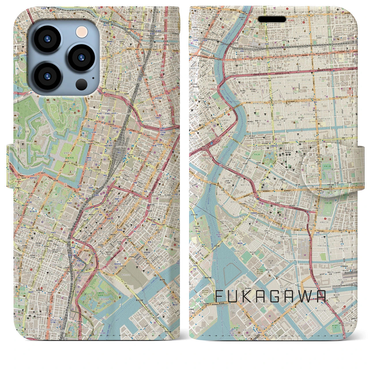 【深川2】地図柄iPhoneケース（手帳両面タイプ・ナチュラル）iPhone 13 Pro Max 用