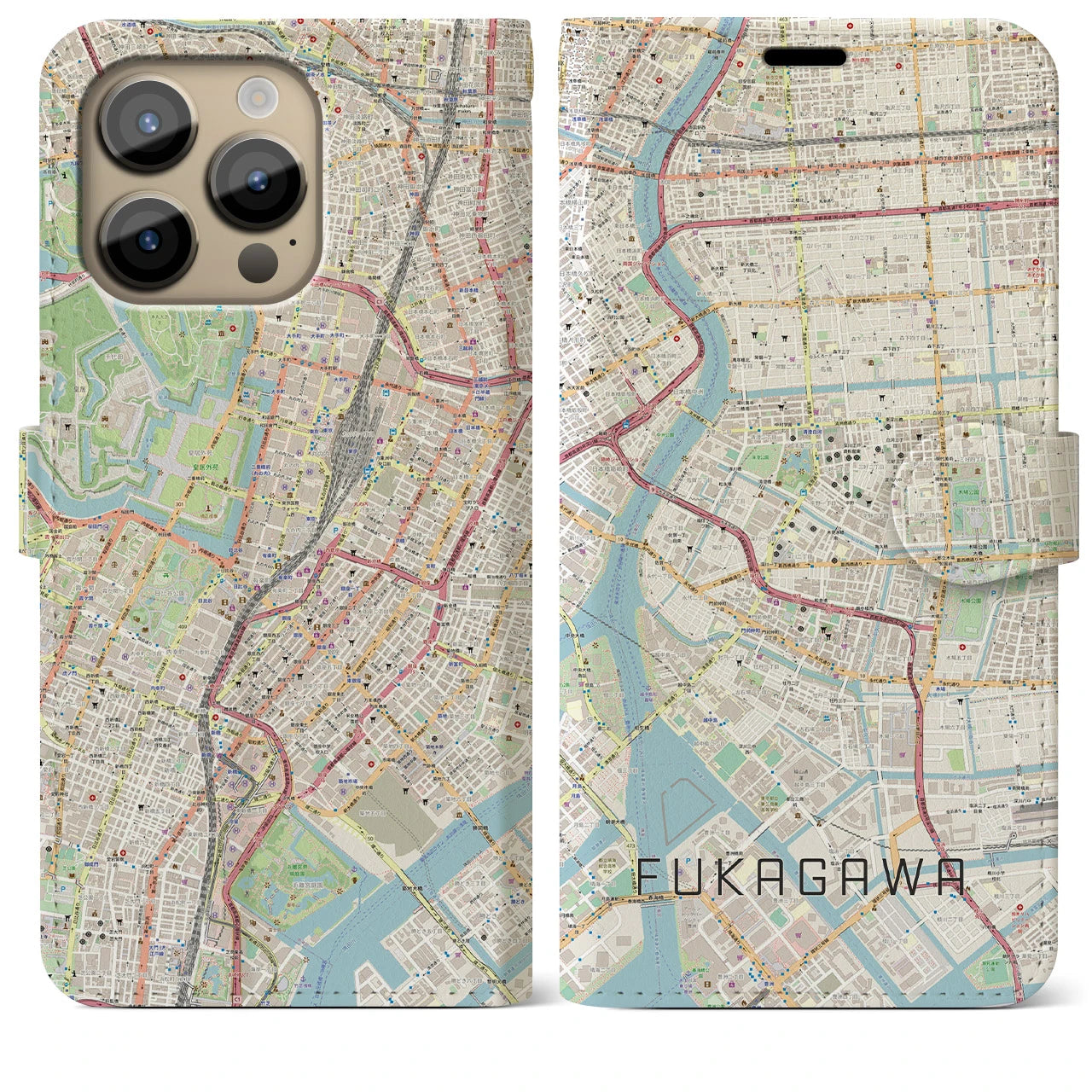 【深川2】地図柄iPhoneケース（手帳両面タイプ・ナチュラル）iPhone 14 Pro Max 用
