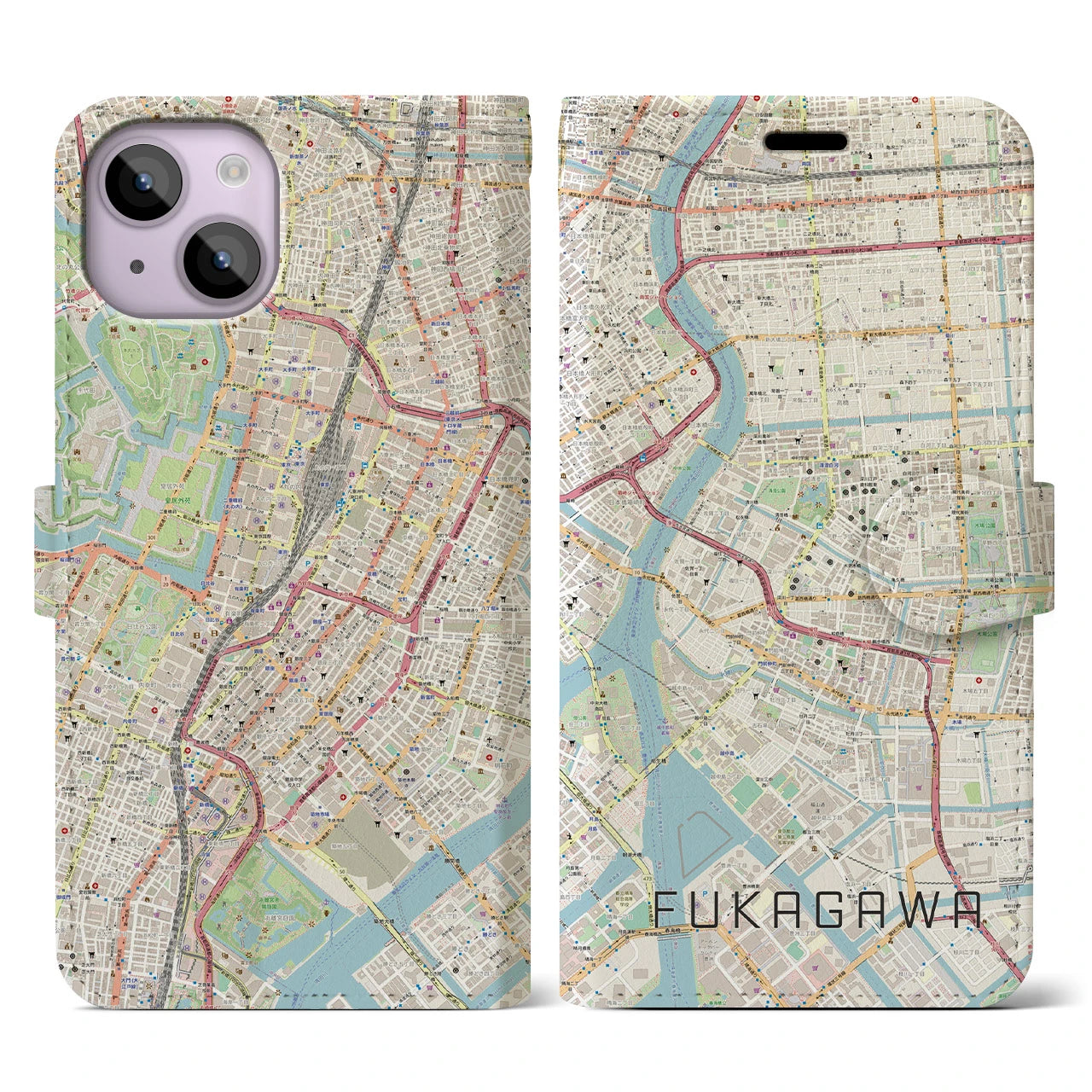 【深川2】地図柄iPhoneケース（手帳両面タイプ・ナチュラル）iPhone 14 用