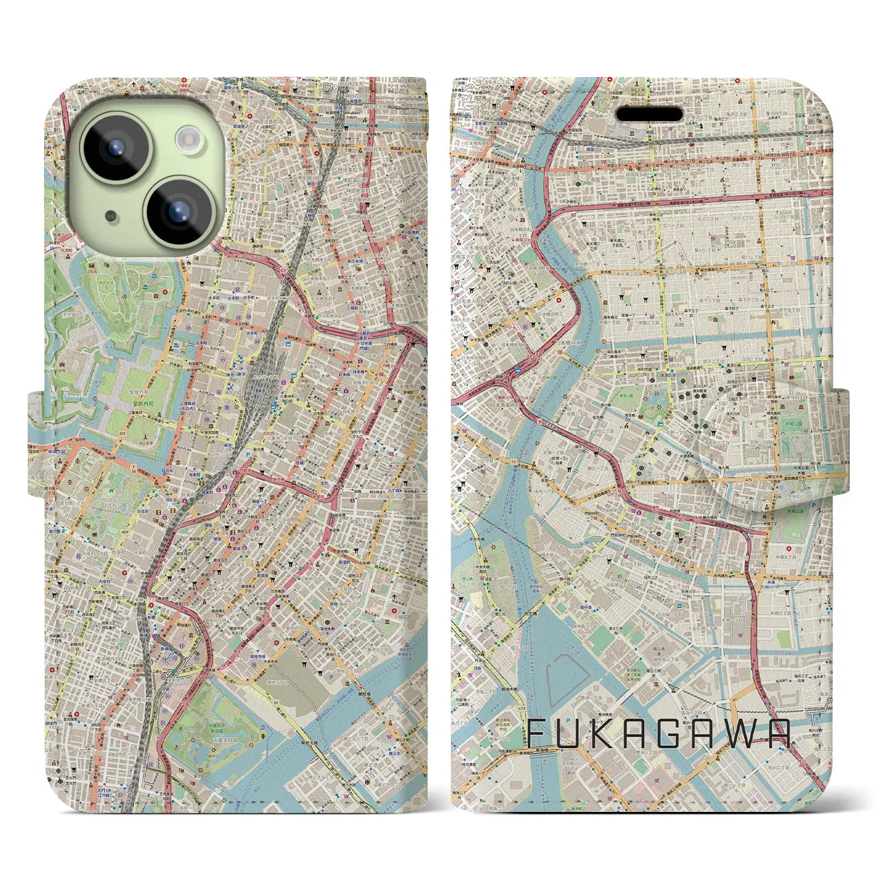 【深川2】地図柄iPhoneケース（手帳両面タイプ・ナチュラル）iPhone 15 用