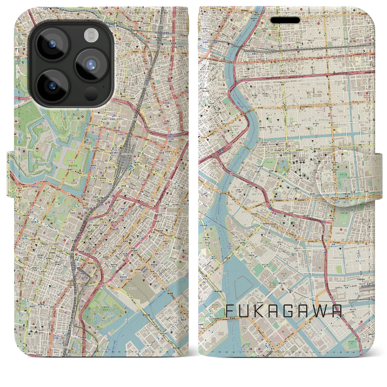 【深川2】地図柄iPhoneケース（手帳両面タイプ・ナチュラル）iPhone 15 Pro Max 用