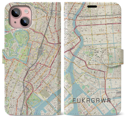 【深川2（東京都）】地図柄iPhoneケース（手帳タイプ）ナチュラル・iPhone 15 Plus 用