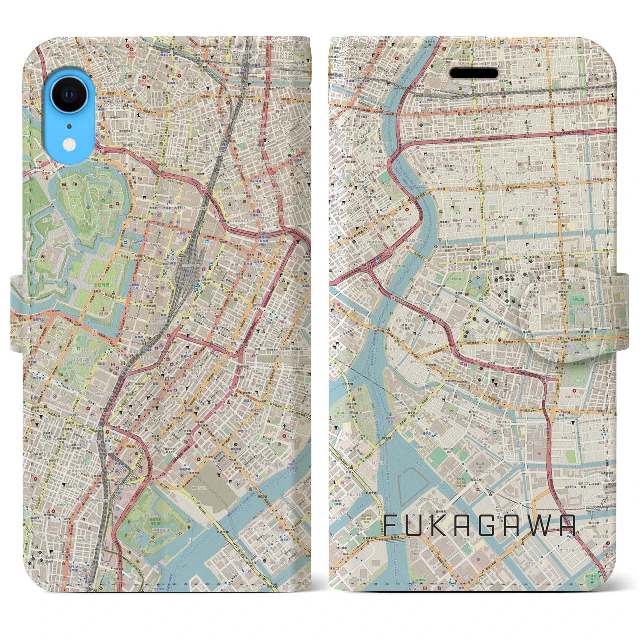【深川2】地図柄iPhoneケース（手帳両面タイプ・ナチュラル）iPhone XR 用