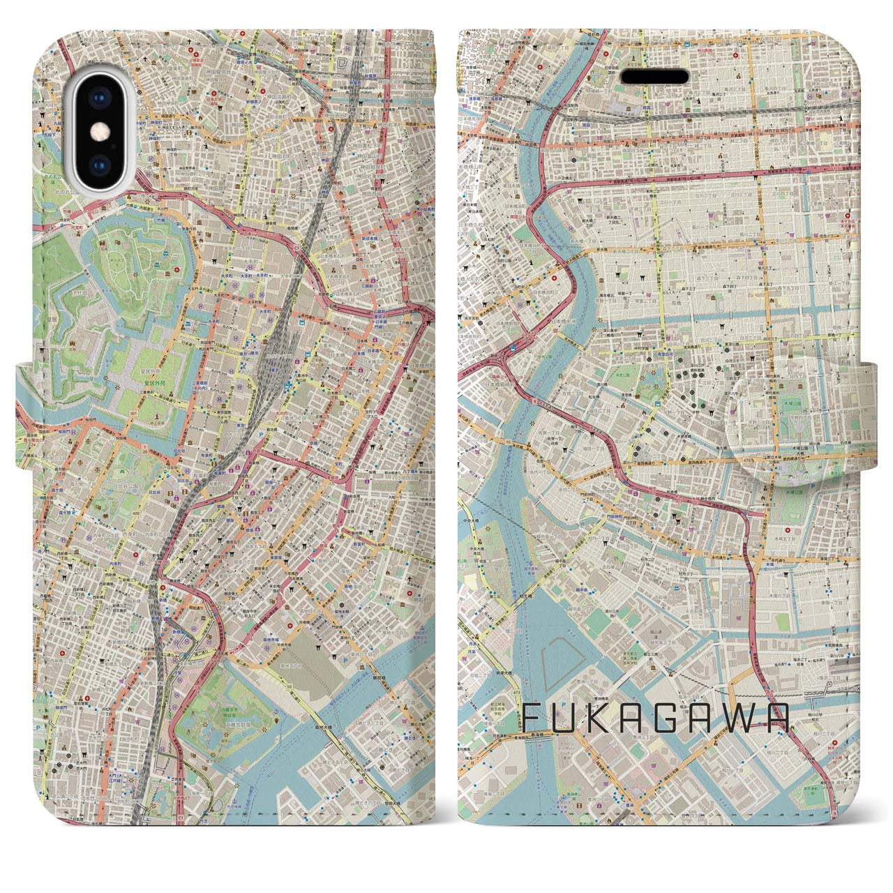 【深川2】地図柄iPhoneケース（手帳両面タイプ・ナチュラル）iPhone XS Max 用