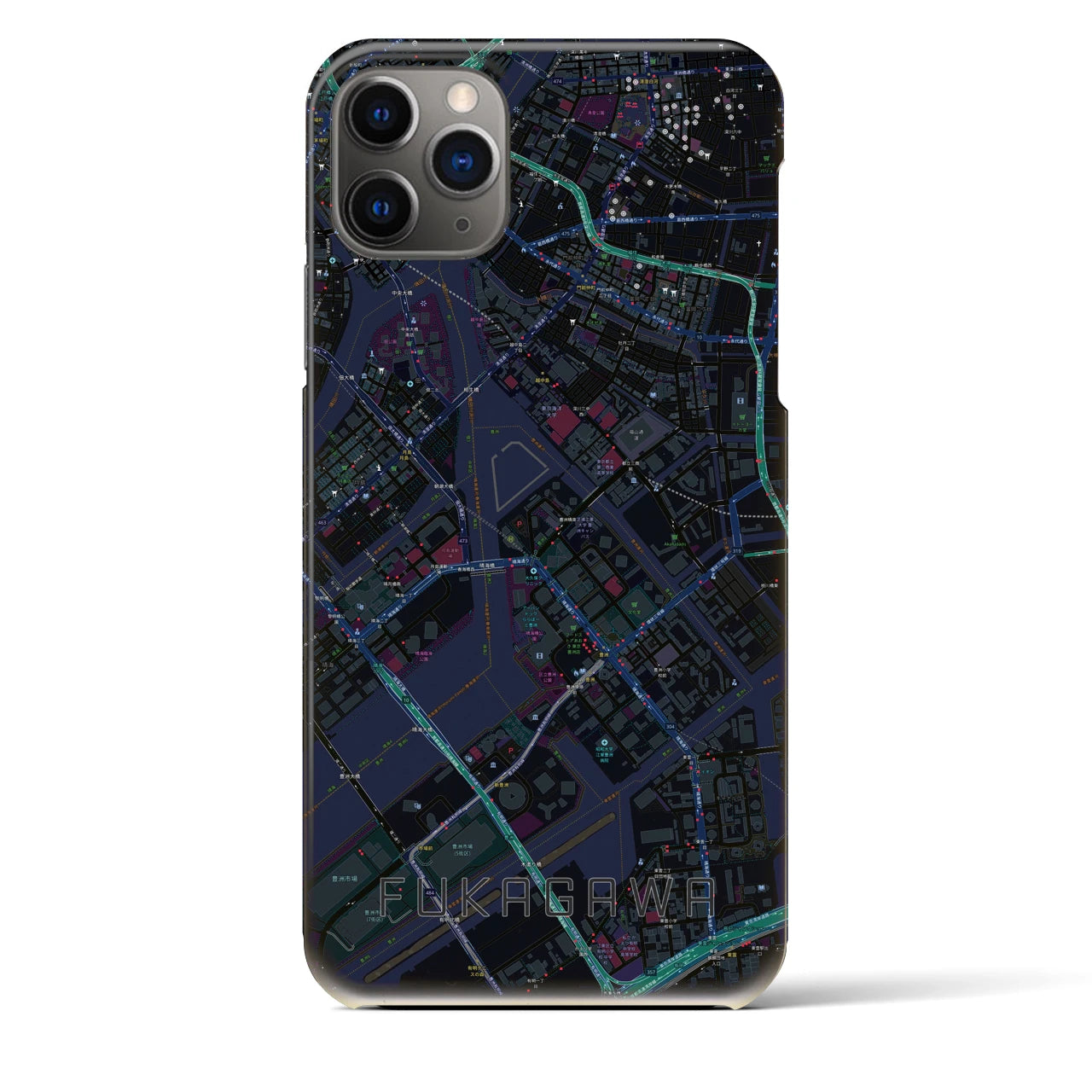 【深川】地図柄iPhoneケース（バックカバータイプ・ブラック）iPhone 11 Pro Max 用