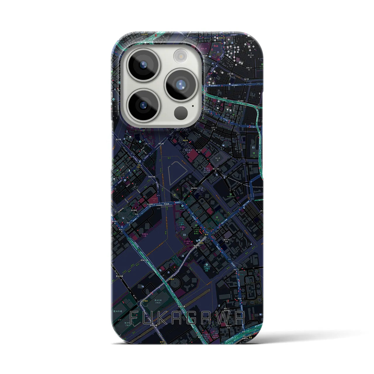 【深川】地図柄iPhoneケース（バックカバータイプ・ブラック）iPhone 15 Pro 用