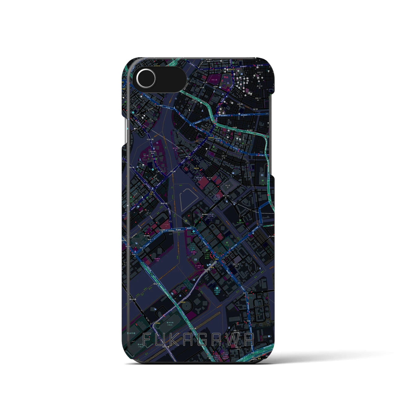 【深川】地図柄iPhoneケース（バックカバータイプ・ブラック）iPhone SE（第3 / 第2世代） / 8 / 7 / 6s / 6 用