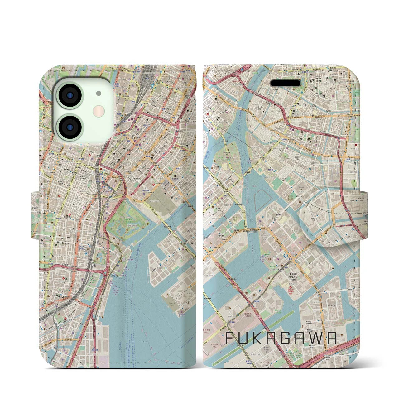 【深川】地図柄iPhoneケース（手帳両面タイプ・ナチュラル）iPhone 12 mini 用