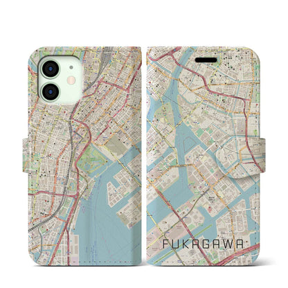 【深川（東京都）】地図柄iPhoneケース（手帳タイプ）ナチュラル・iPhone 12 mini 用