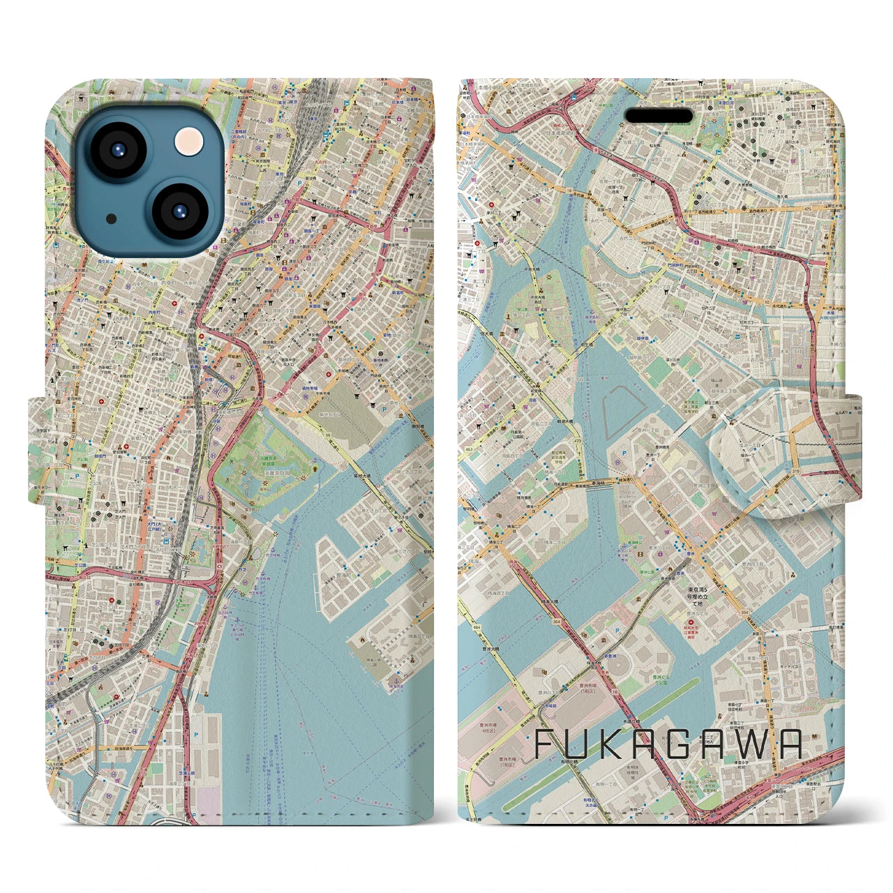 【深川】地図柄iPhoneケース（手帳両面タイプ・ナチュラル）iPhone 13 用