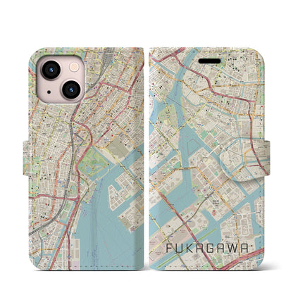 【深川（東京都）】地図柄iPhoneケース（手帳タイプ）ナチュラル・iPhone 13 mini 用