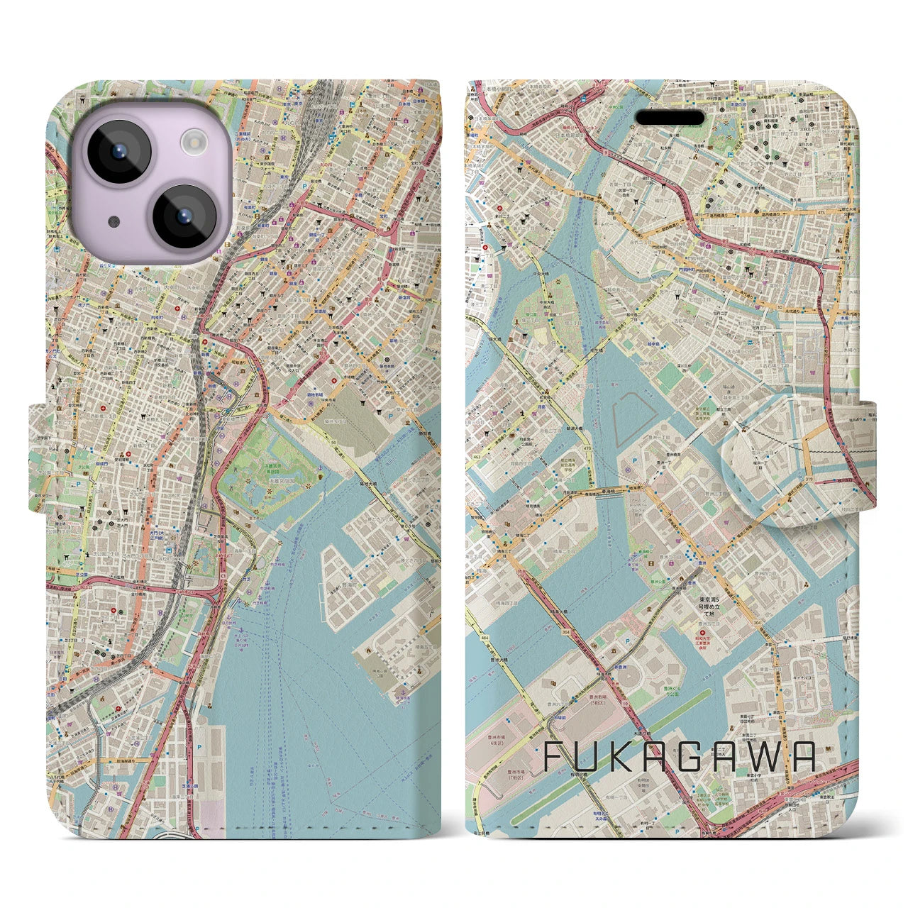 【深川】地図柄iPhoneケース（手帳両面タイプ・ナチュラル）iPhone 14 用