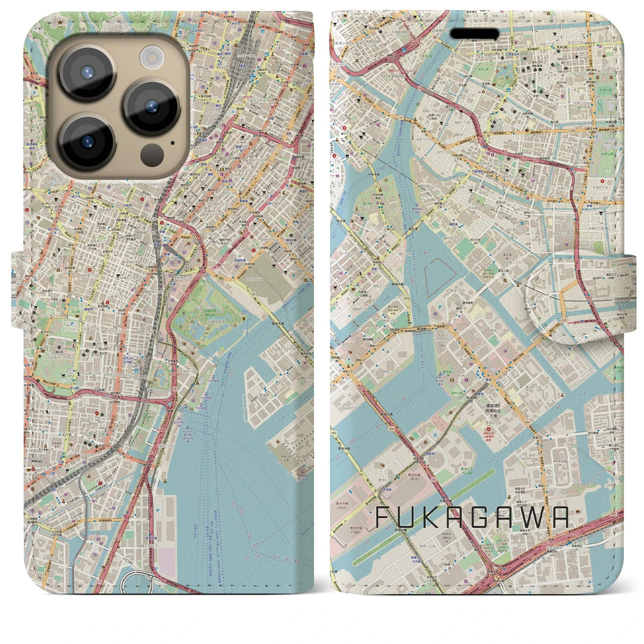 【深川】地図柄iPhoneケース（手帳両面タイプ・ナチュラル）iPhone 14 Pro Max 用