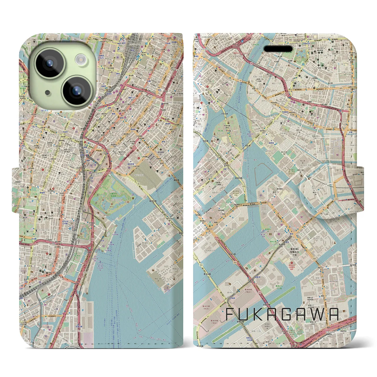 【深川】地図柄iPhoneケース（手帳両面タイプ・ナチュラル）iPhone 15 用