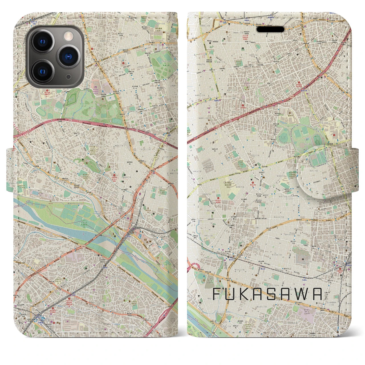 【深沢】地図柄iPhoneケース（手帳両面タイプ・ナチュラル）iPhone 11 Pro Max 用
