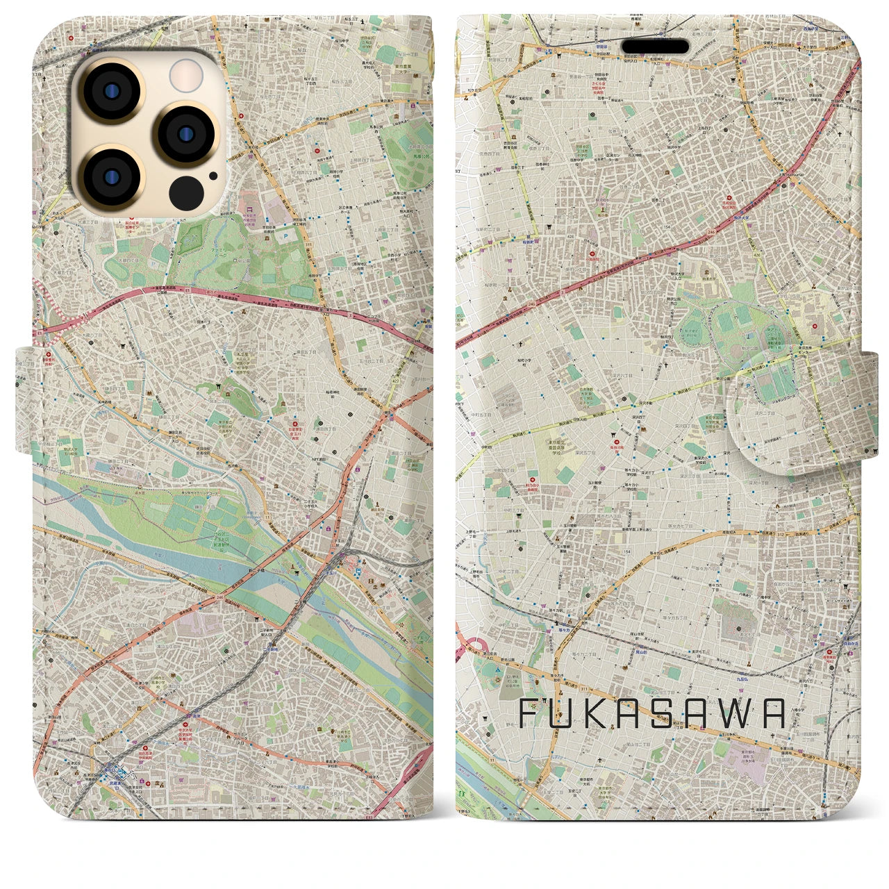 【深沢】地図柄iPhoneケース（手帳両面タイプ・ナチュラル）iPhone 12 Pro Max 用